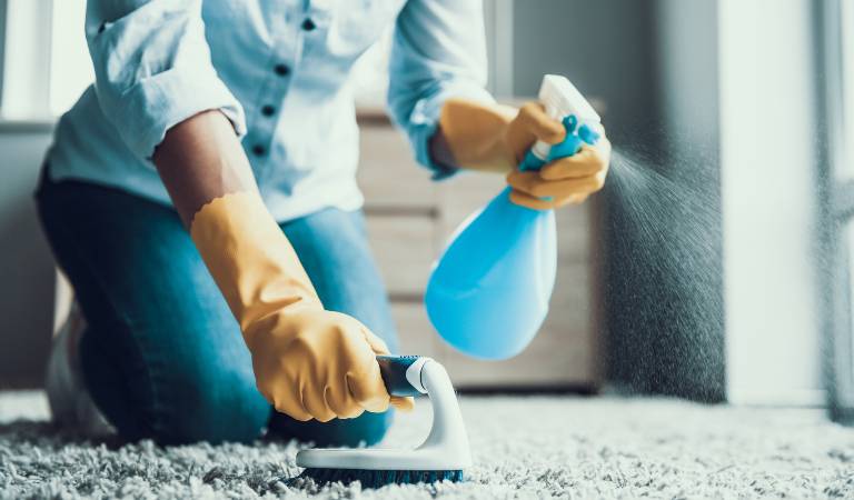 woman in jeans and shirt holding a blue bottle spraying on carpet