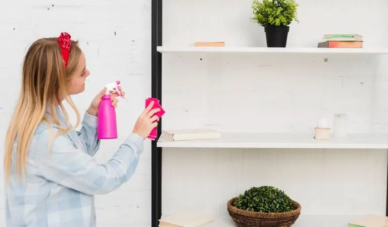 Side view woman cleaning shelves