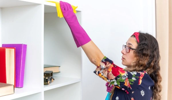 Woman cleaning the bookshelf