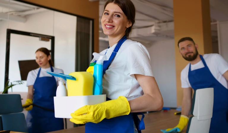 View of professional cleaning service person holding supplies