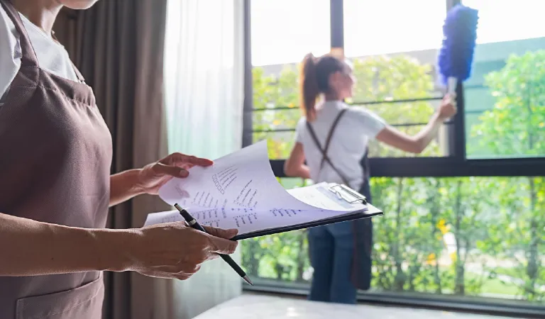 Midsection of woman looking at clipboard against colleague cleaning window