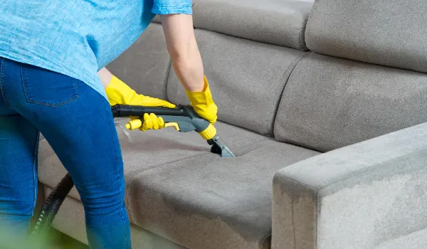 Sofa chemical cleaning with professionally extraction method wet textile sofa cleaning