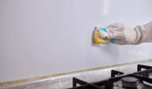 Cleaning the kitchen wall effectively with a sponge and some good detergent for hygiene